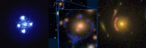 a) an Einstein cross (credit: NASA/ESA); b) an example from the Space Warps dataset; c) a known lens in CANDELS that Galaxy Zoo users spotted.