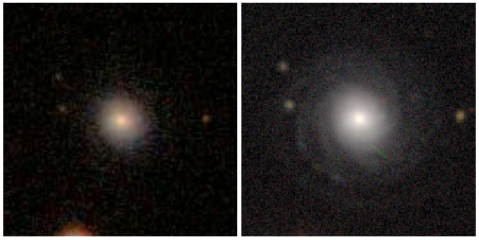 Left: an SDSS image of the galaxy J225336.34+000347.4. Right: a DECaLS image of the same galaxy.